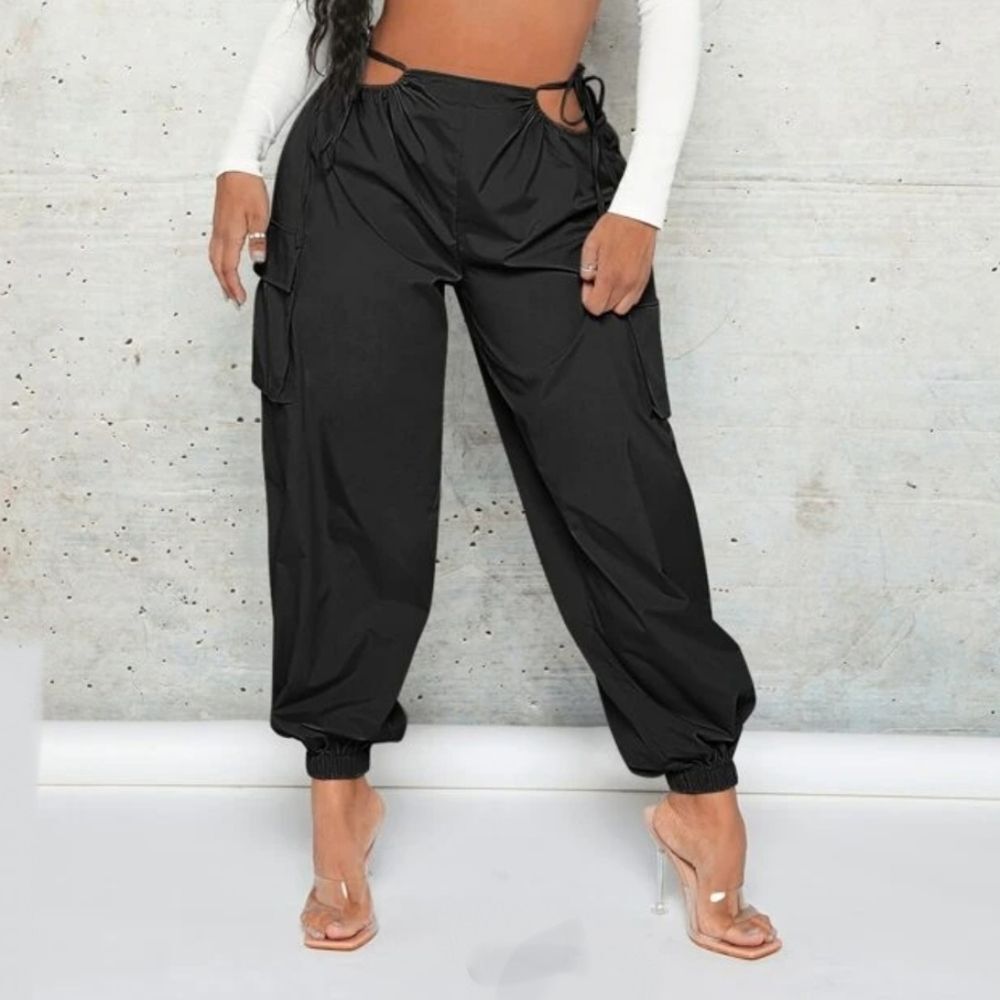 SHEIN X Antonella SHEIN SXY Cut Out Waist Flap Pocket Cargo Pants, Black, Sz XS